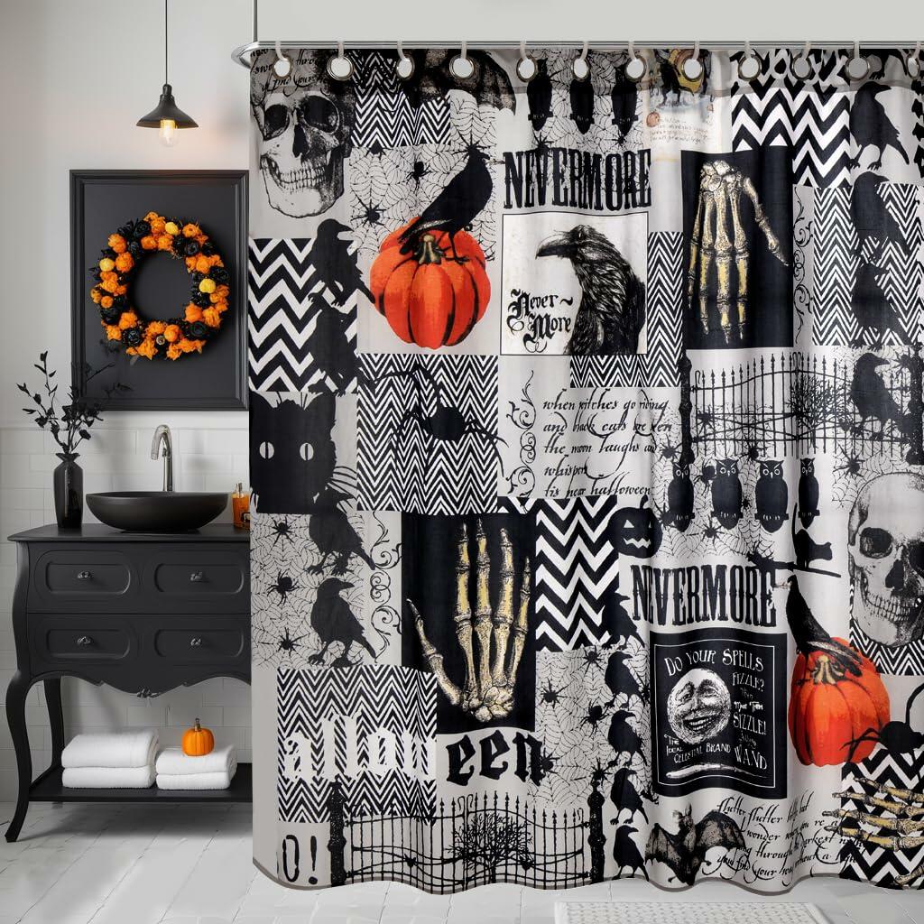 EVENHUG Halloween Waterproof Shower Curtain Set Grey 72x72 inch with Hooks