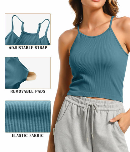 OVESPORT 2 Pack Women’s Workout Tank Tops Built-In Bra Blue/White S