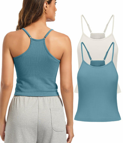 OVESPORT 2 Pack Women’s Workout Tank Tops Built-In Bra Blue/White S