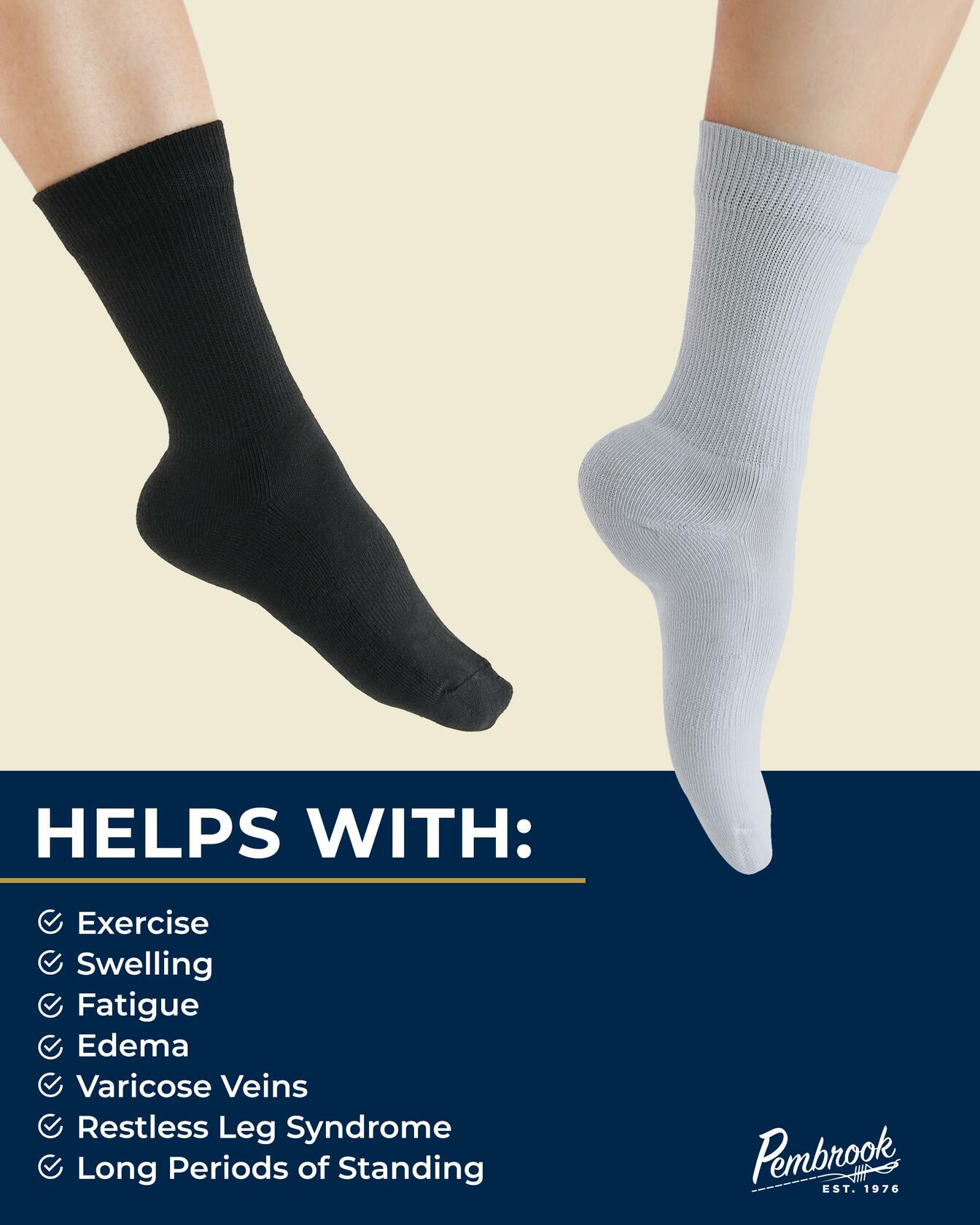 Pembrook Diabetic Compression Crew Socks Women 2 Pairs Black/White Size L