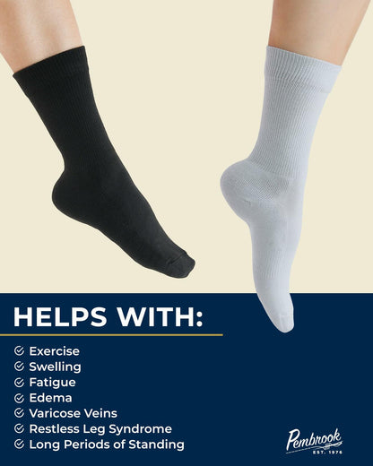 Pembrook Diabetic Compression Crew Socks Women 2 Pairs Black/White Size L