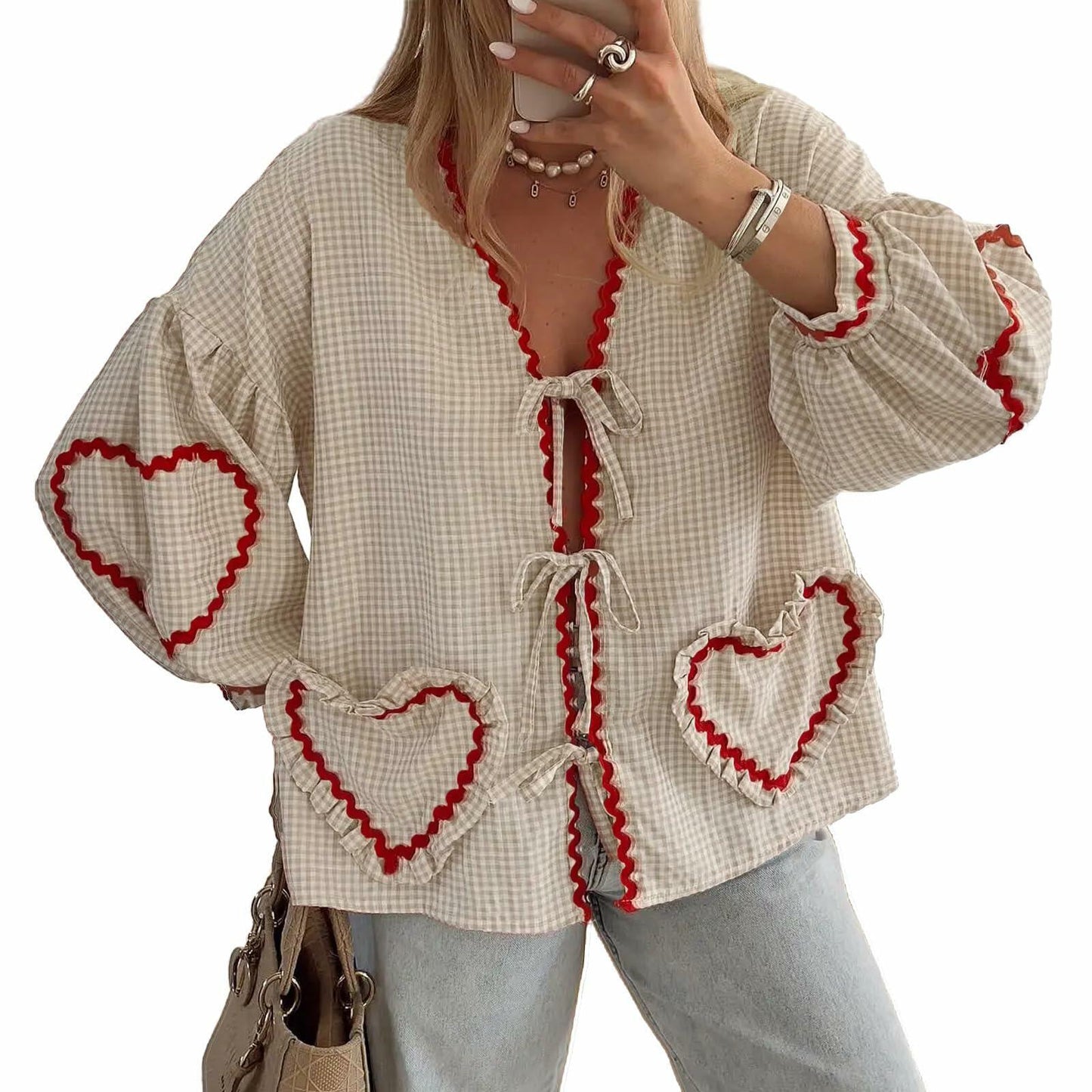 MANGMAO Gingham Babydoll Tie Front Puff Sleeve Top Khaki Size S