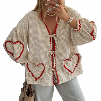 MANGMAO Gingham Babydoll Tie Front Puff Sleeve Top Khaki Size S