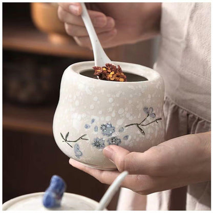 YMYL Ceramic Sugar Bowl Set 2 Blue Floral 13.5oz with Lid & Spoon Retro