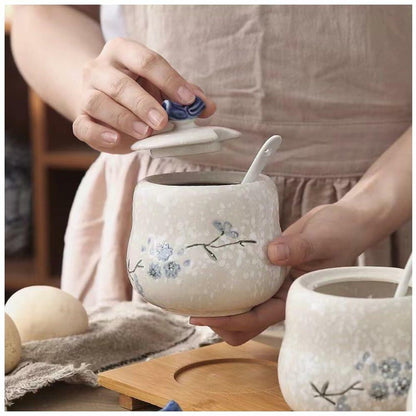 YMYL Ceramic Sugar Bowl Set 2 Blue Floral 13.5oz with Lid & Spoon Retro