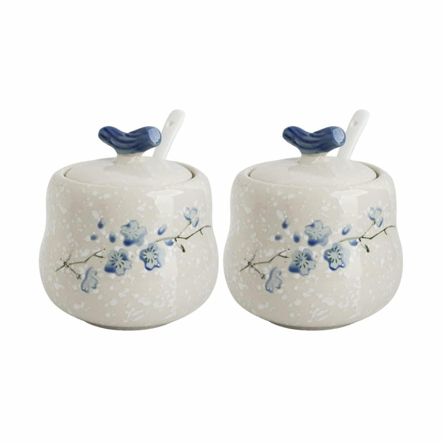 YMYL Ceramic Sugar Bowl Set 2 Blue Floral 13.5oz with Lid & Spoon Retro