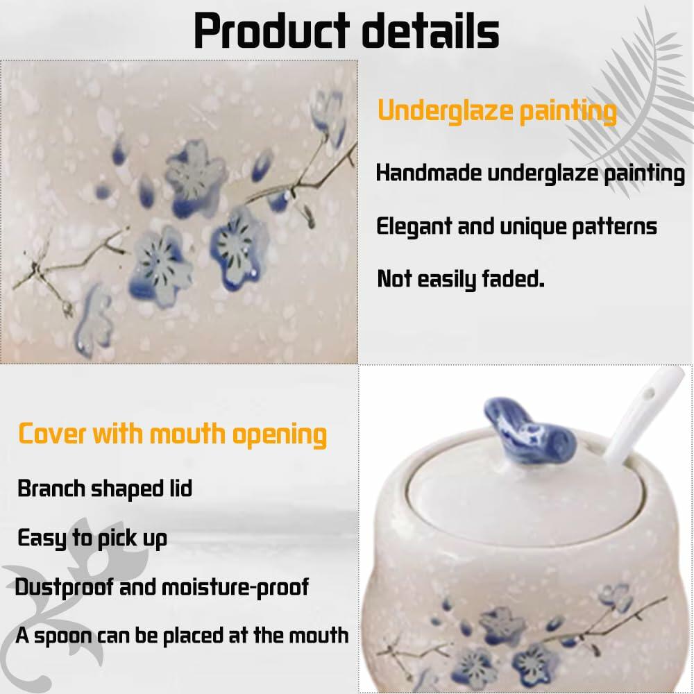YMYL Ceramic Sugar Bowl Set 2 Blue Floral 13.5oz with Lid & Spoon Retro