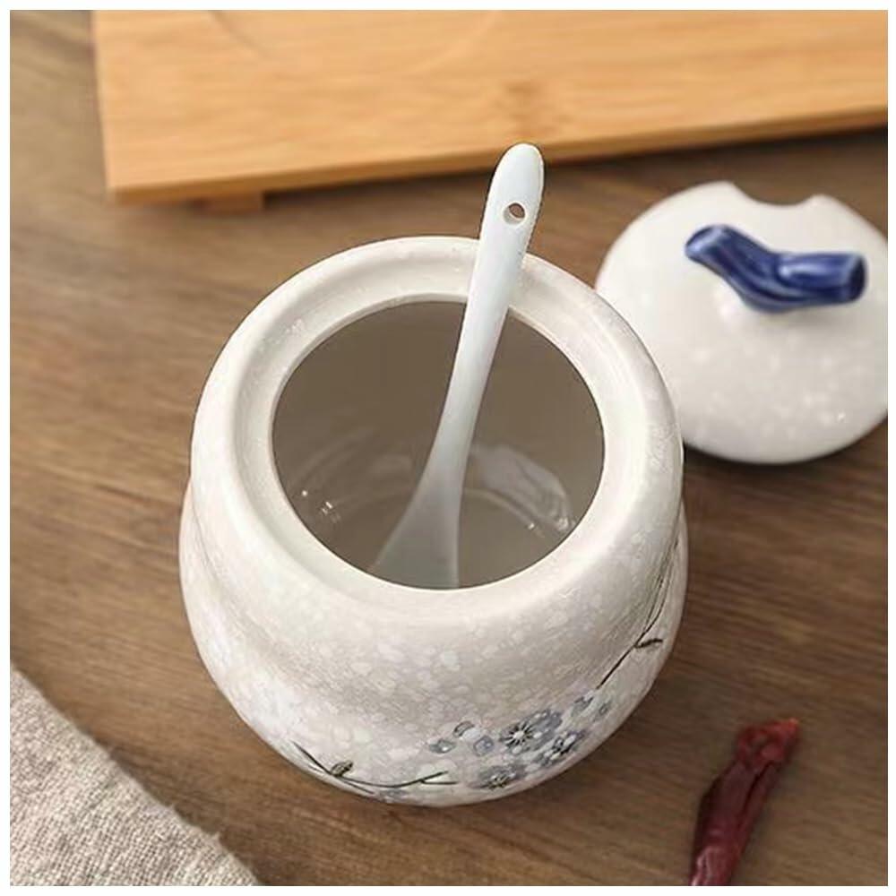 YMYL Ceramic Sugar Bowl Set 2 Blue Floral 13.5oz with Lid & Spoon Retro