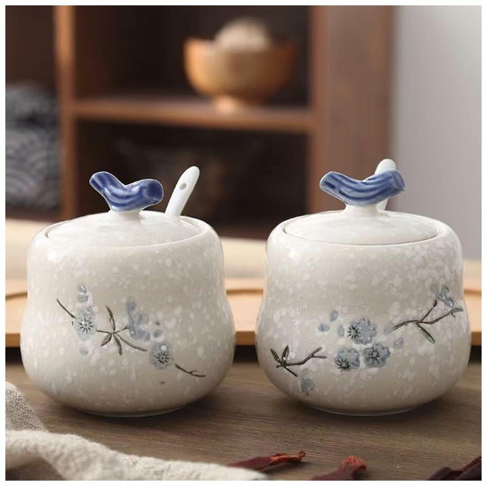 YMYL Ceramic Sugar Bowl Set 2 Blue Floral 13.5oz with Lid & Spoon Retro