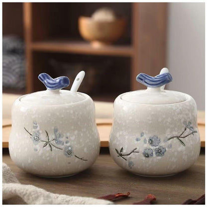 YMYL Ceramic Sugar Bowl Set 2 Blue Floral 13.5oz with Lid & Spoon Retro