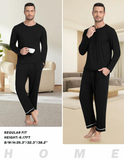 MoFiz Mens Long Sleeve Pajama Set Black Top & Pants 2 Piece Loungewear Size L