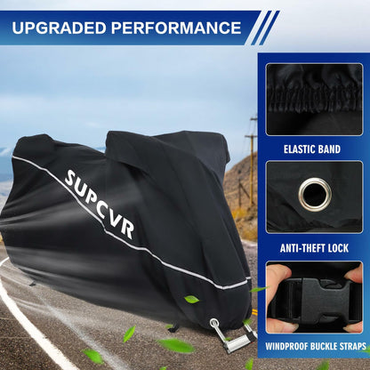 SUPCVR Motorcycle Cover Heavy Duty Waterproof UV-Proof Reflective Strips Black