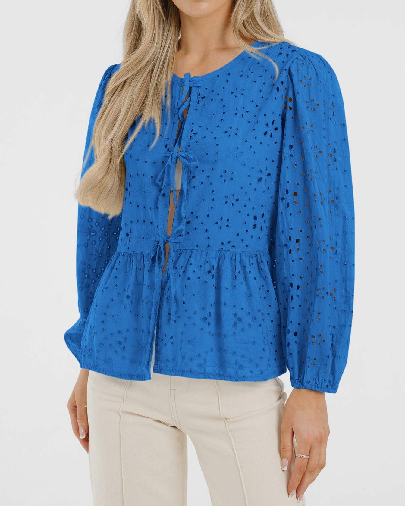 KIRUNDO Babydoll Long Sleeve Tie Front Eyelet Top Blue Size L