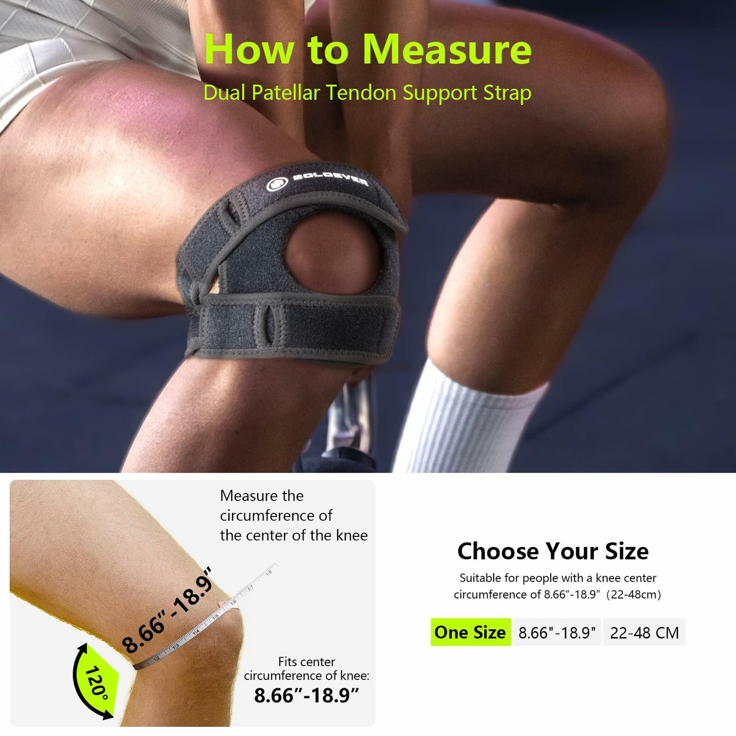 SOLOEVER Patella Knee Brace Dual Support Strap Gel Pad Adjustable Black