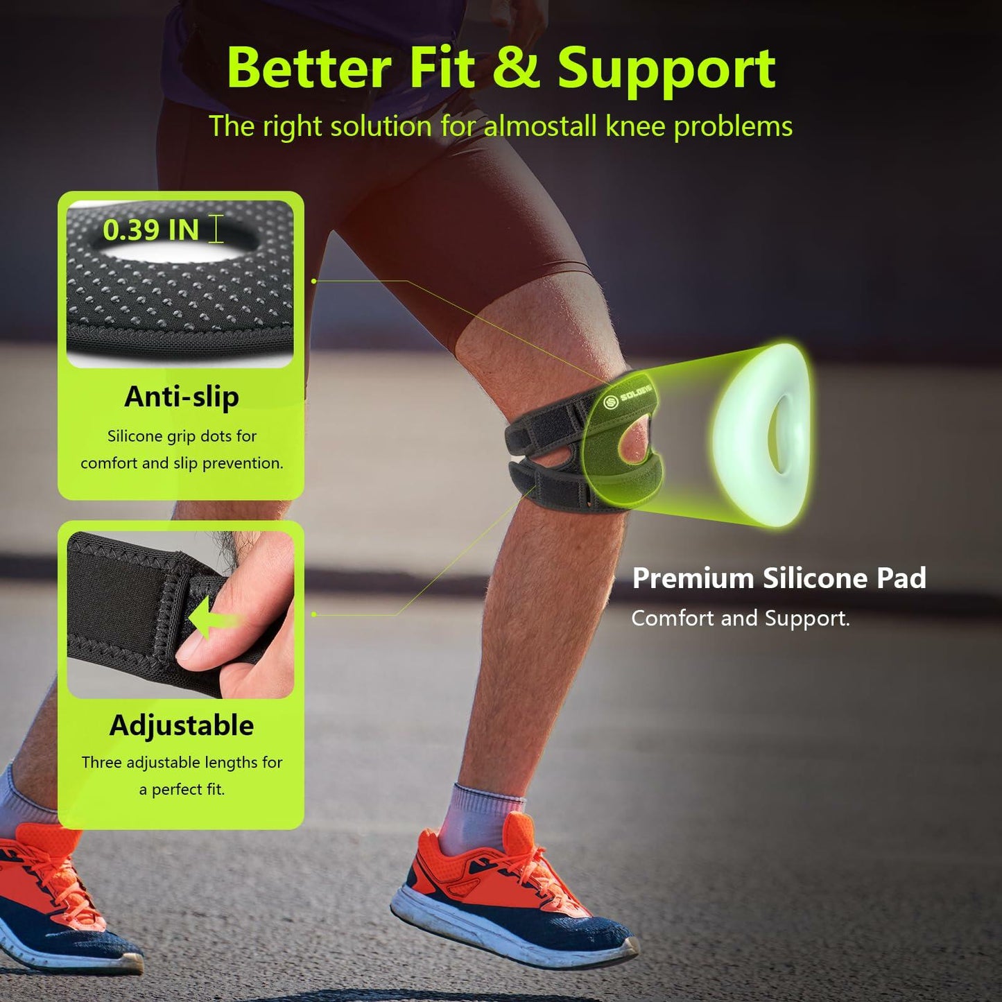 SOLOEVER Patella Knee Brace Dual Support Strap Gel Pad Adjustable Black