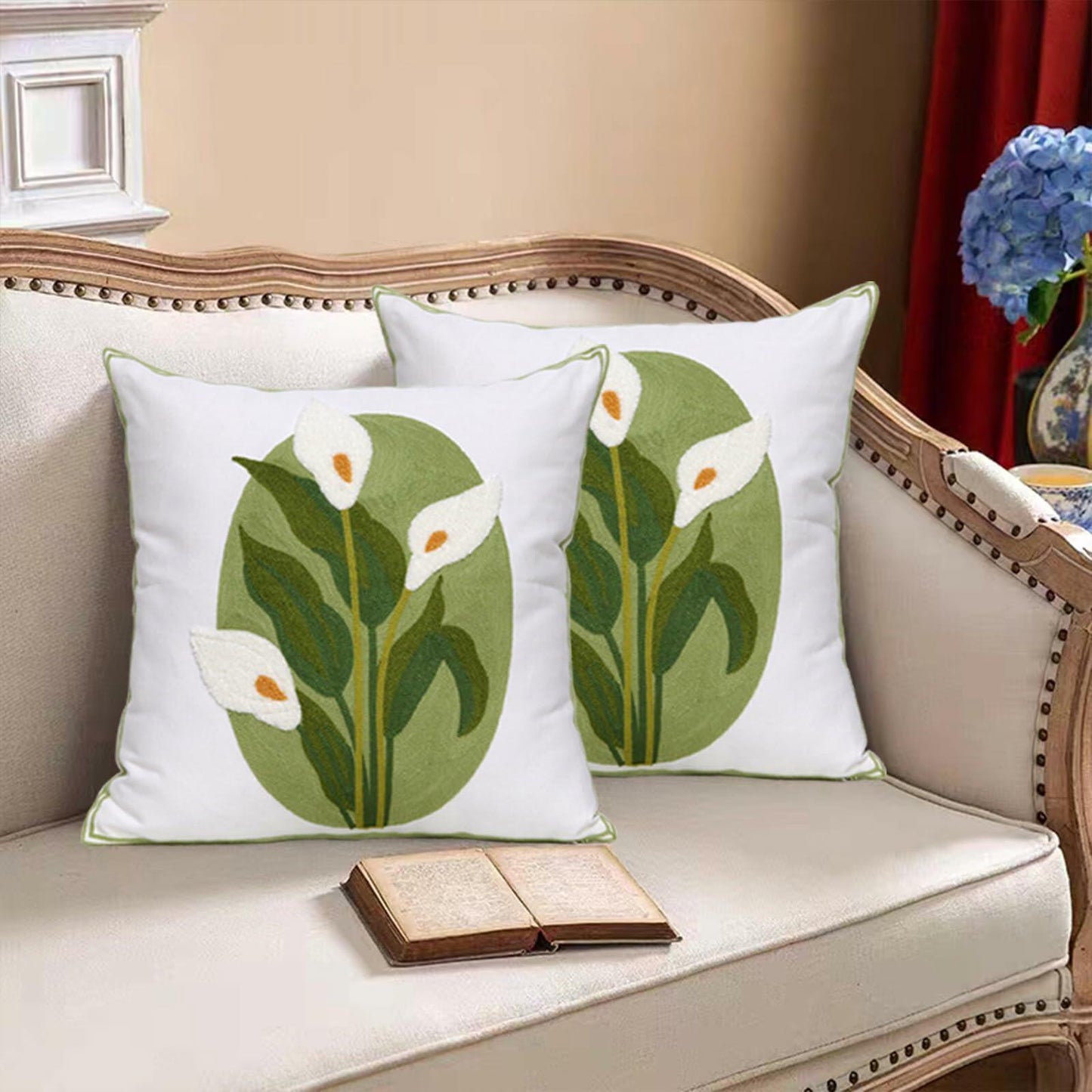 Pilmandu Embroidered Throw Pillow Covers 18x18 Calla Floral Pack of 2