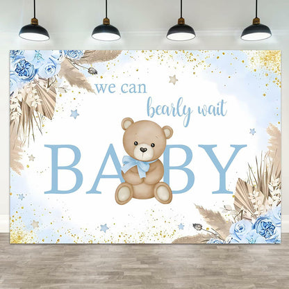 ASDCXZ Baby Shower Backdrop Brown Bear Boho Floral 10x8ft Blue Gold Dots