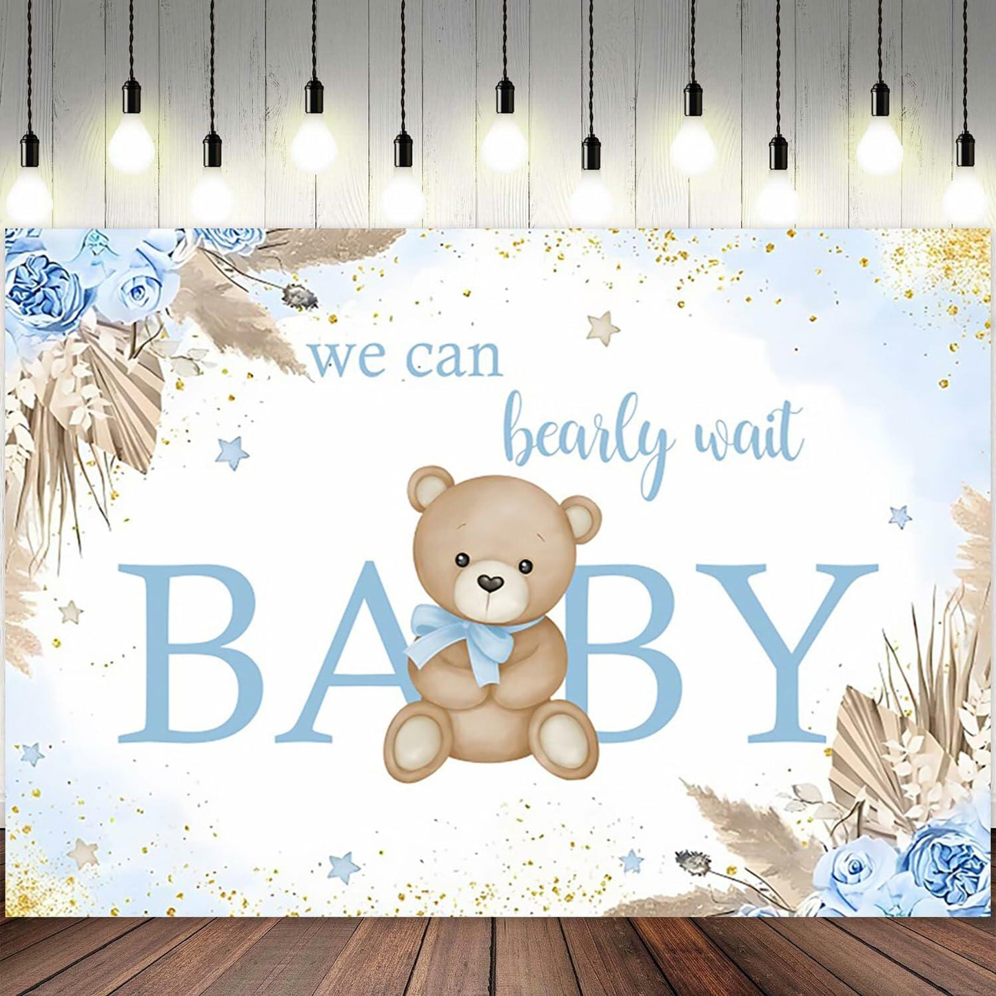 ASDCXZ Baby Shower Backdrop Brown Bear Boho Floral 10x8ft Blue Gold Dots