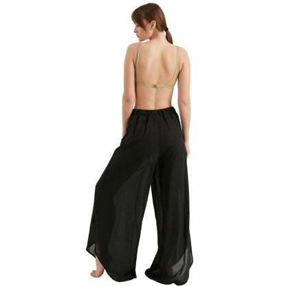 TUBANUR Women's Wide Leg Elastic Waist Slit Loose Pants Black Size XS