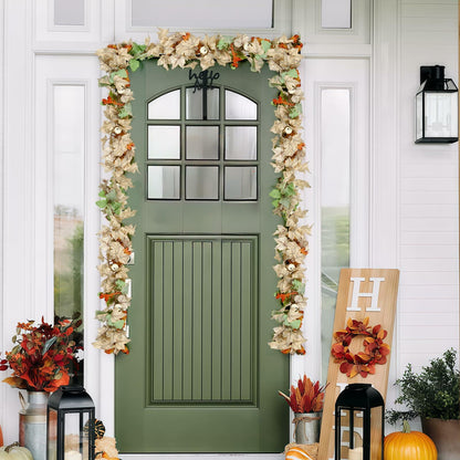DEPMEM 9Ft Fall Garland White Pumpkins Maple Leaves Thanksgiving Decor 1Pack