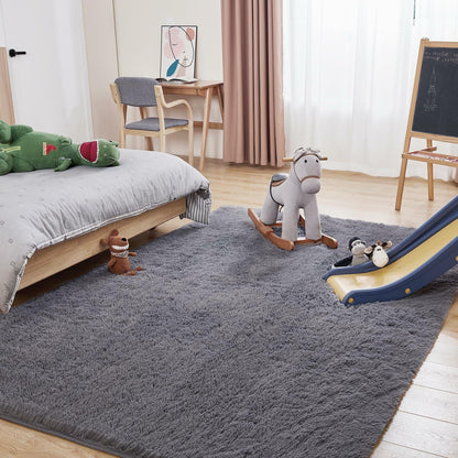 Puremy Grey Round Fluffy Rug 5ft Non-Slip Carpet for Kids Nursery Room