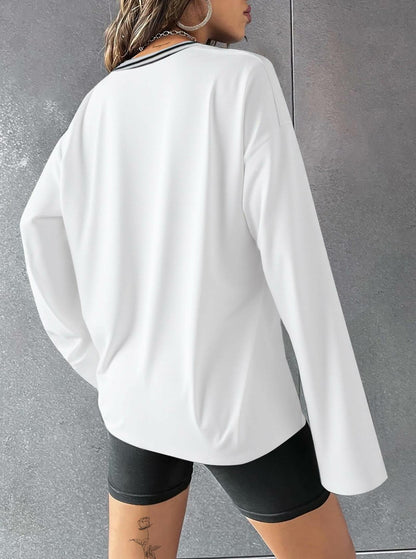 Hilinker Women's Oversized Graphic V Neck Long Sleeve Tee White Red Size L