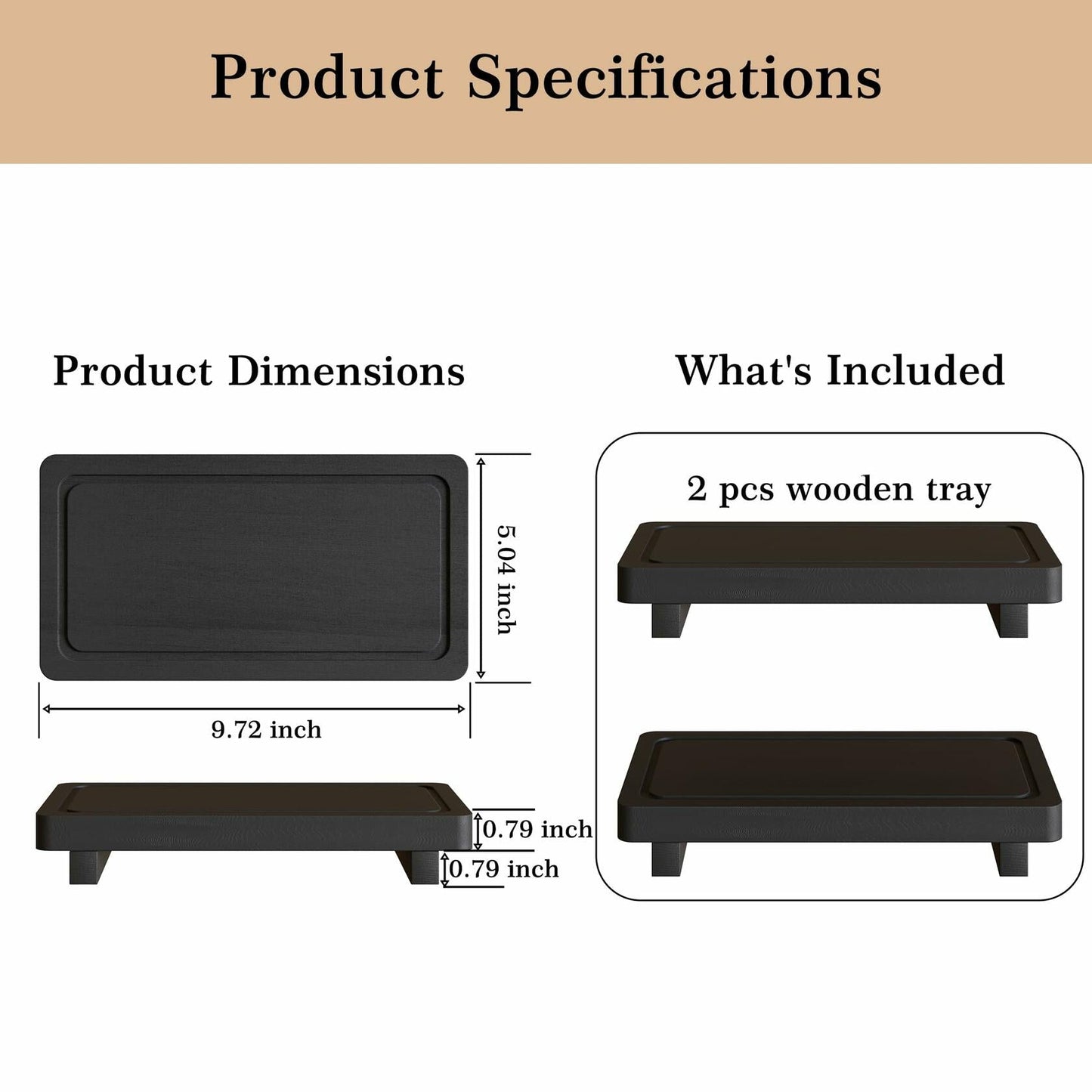 ZGO Small Counter Set of 2 Decorative Vanity Tray Wooden Soap Holder Black