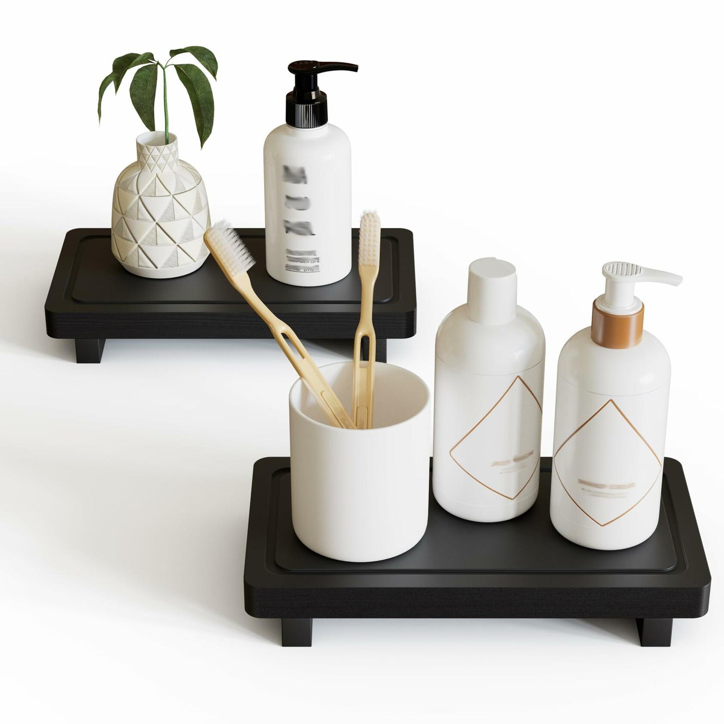 ZGO Small Counter Set of 2 Decorative Vanity Tray Wooden Soap Holder Black