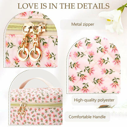 DOSUKE 3 PCS Travel Makeup Bag Set Floral Quilted Cotton Flower