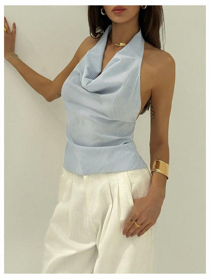 SOLY HUX Women's Striped Deep V Neck Bow Tie Backless Halter Top Blue Size S
