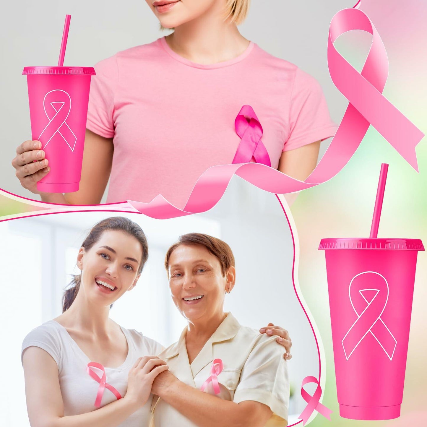 Bokon 24oz Breast Cancer Awareness Pink Tumblers with Straws 12 Pack