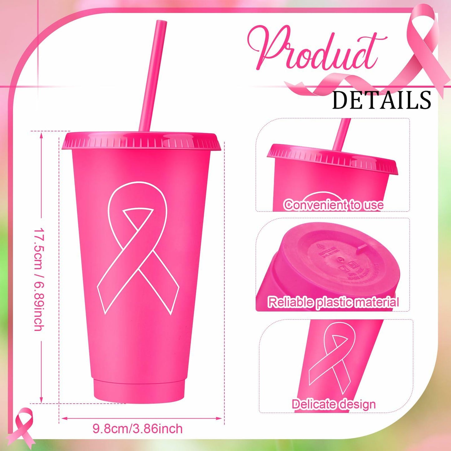 Bokon 24oz Breast Cancer Awareness Pink Tumblers with Straws 12 Pack