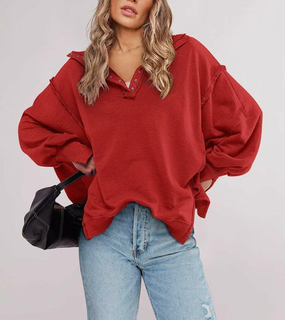 BWQ Women's Oversized Henley Sweatshirt Long Sleeve Pullover Red2 Size M