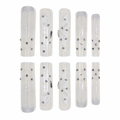 Gifiky Long Square Press-On Nails 24Pcs Gray Glitter Marble Fake Nails Women