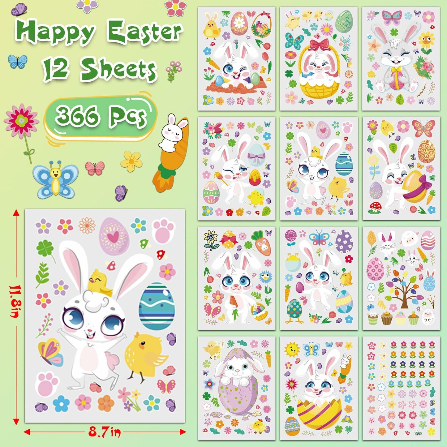 AOWDIAO Easter Window Clings 12 Sheets 366 Pcs Reusable 12x9 Inch Colorful