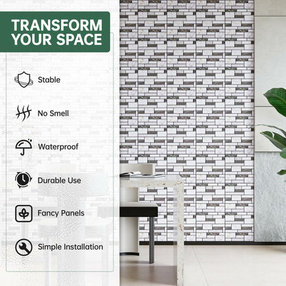 VallisCo 3D Faux Brick Wall Panel 12x12 Black White Marble 10 Pcs PVC