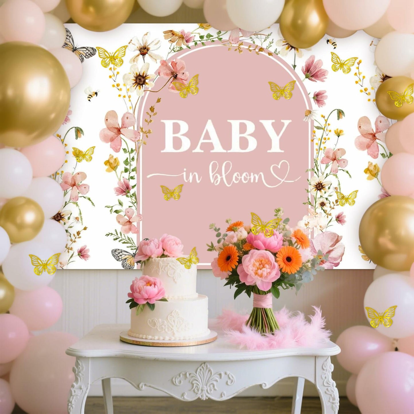 BACH AND BOUJEE Wildflower Baby in Bloom Backdrop Banner Pink Floral Decor