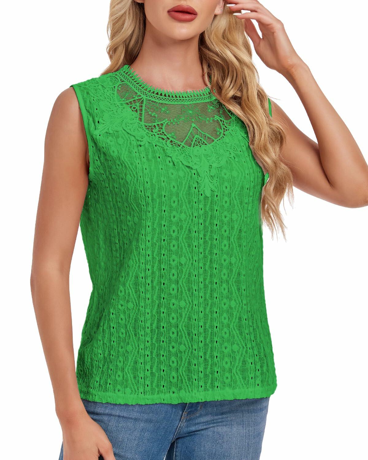 AGWISH Women High Neck Lace Tank Top Sleeveless Rib Summer Medium Green