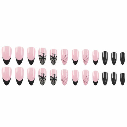 24PCS Halloween Short Almond Press-On Nails Pink & Black Pumpkin Spider Web