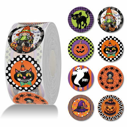 ZAEW Halloween Sticker Roll 500pcs 1.5" Gnome Pumpkins Cats Ghost Colored