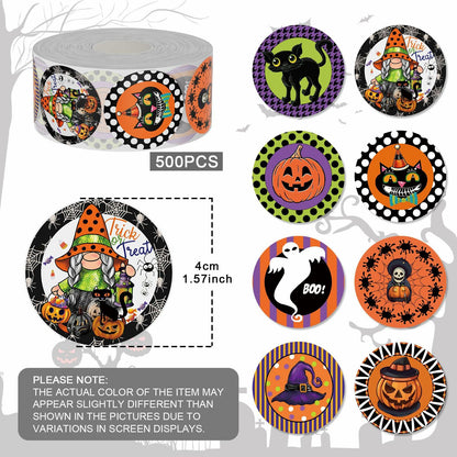 ZAEW Halloween Sticker Roll 500pcs 1.5" Gnome Pumpkins Cats Ghost Colored