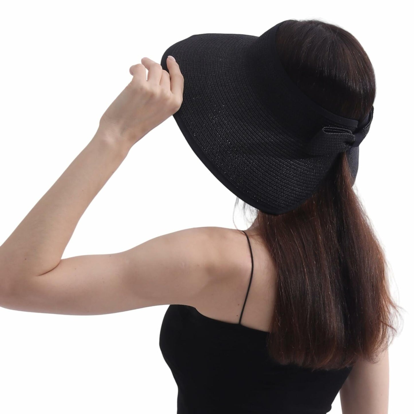 Wide Brim Straw Sun Hat Women Summer Beach Vacation Foldable Coffee Ribbon