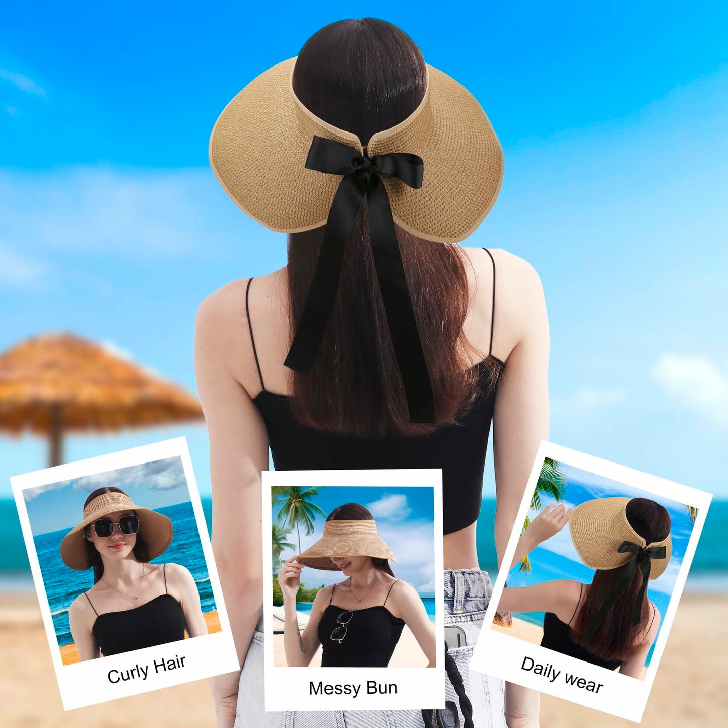Wide Brim Straw Sun Hat Women Summer Beach Vacation Foldable Coffee Ribbon