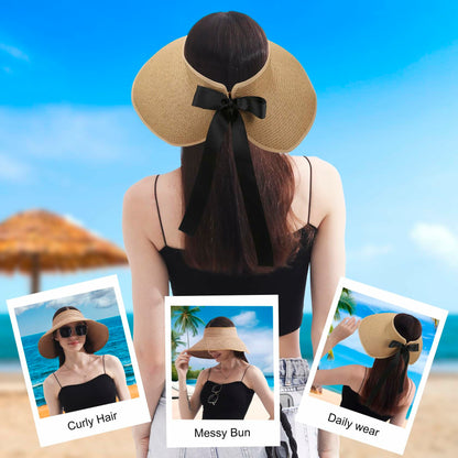 Wide Brim Straw Sun Hat Women Summer Beach Vacation Foldable Coffee Ribbon