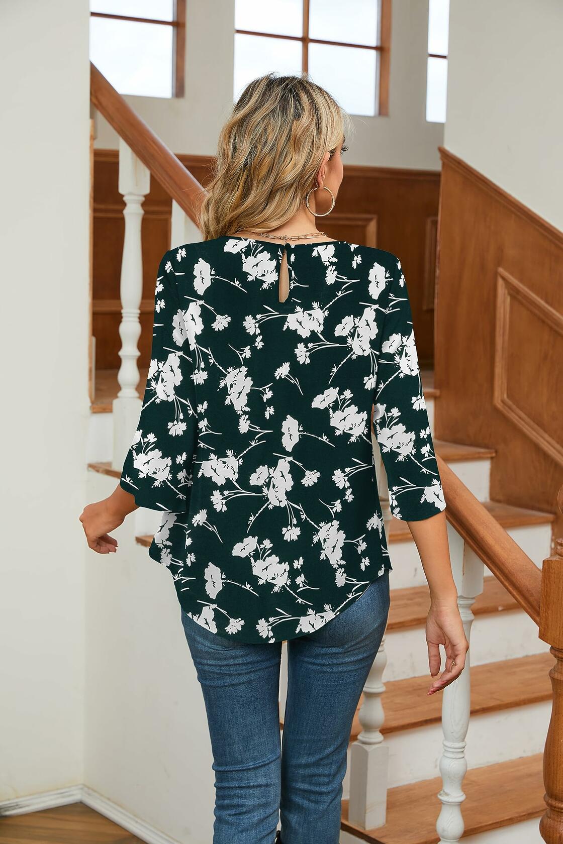 TASAMO Floral Chiffon Blouse Ladies Work Top Dark Green Size XL