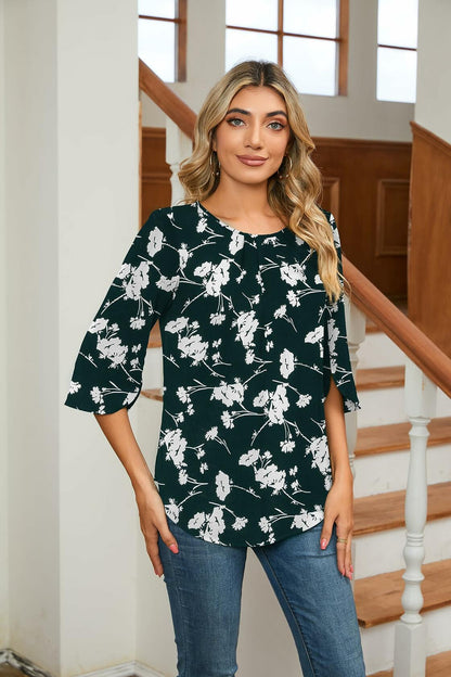 TASAMO Floral Chiffon Blouse Ladies Work Top Dark Green Size XL