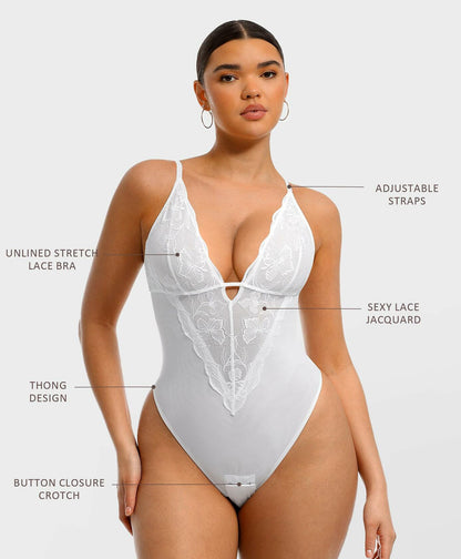 FeelinGirl Shapewear Tummy Control Lace Bodysuit V Neck Low Back White Size S