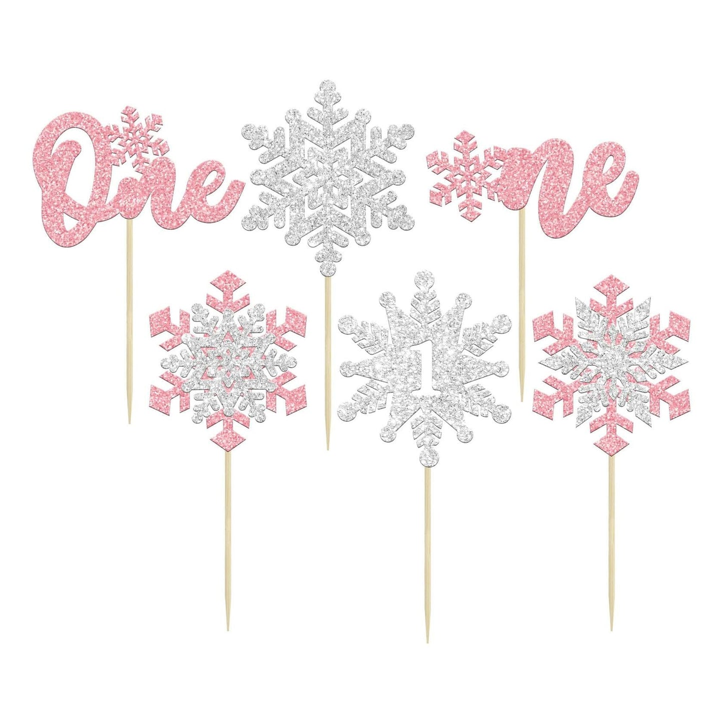 Gyufise 24Pcs Double Layer Pink Glitter Snowflake Cupcake Toppers Paper