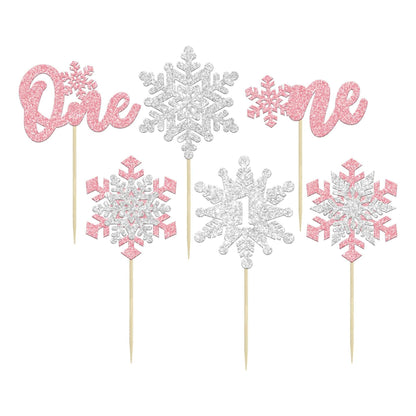 Gyufise 24Pcs Double Layer Pink Glitter Snowflake Cupcake Toppers Paper