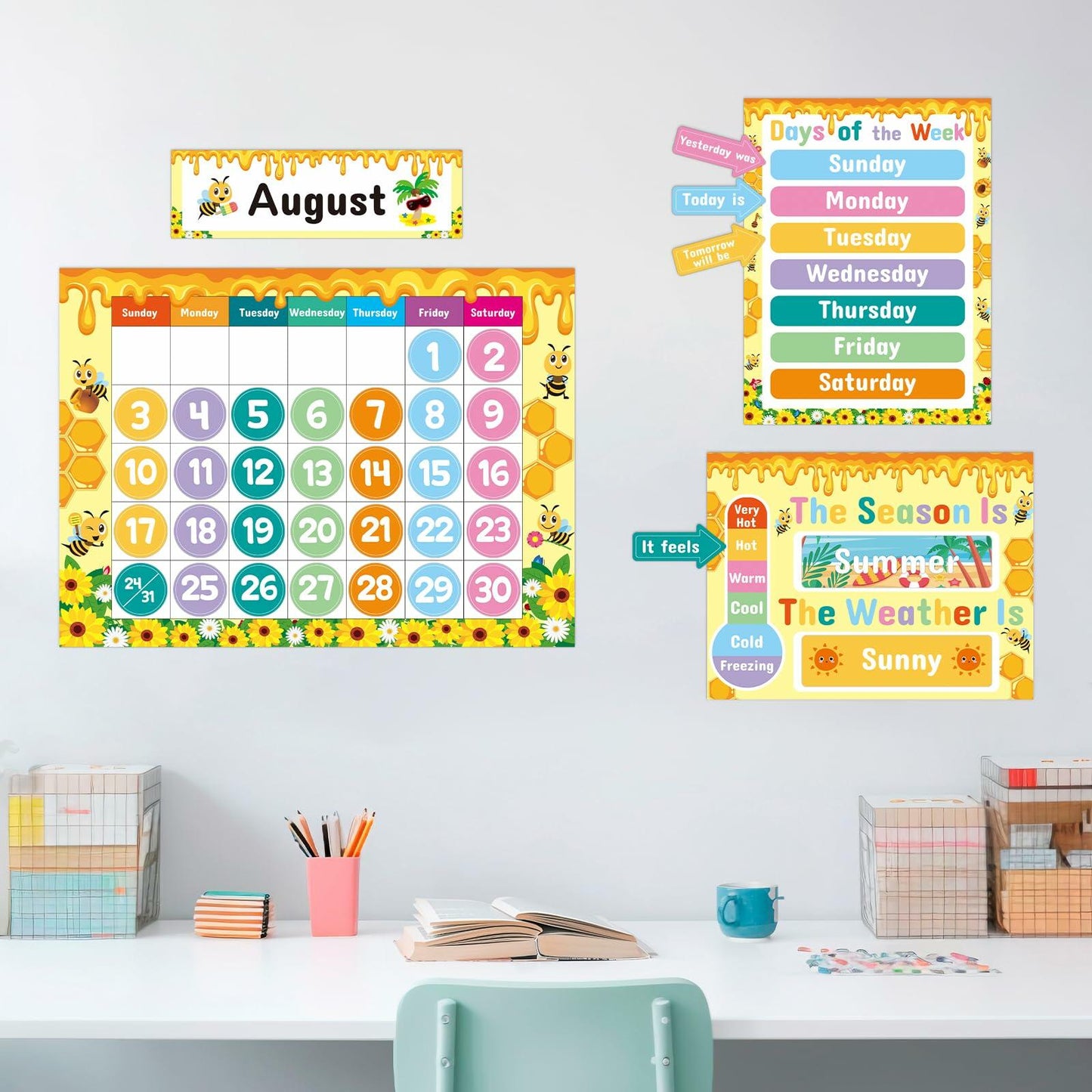 Bee Classroom Calendar Set Back to School Bulletin Board Decoration w/ Stickers